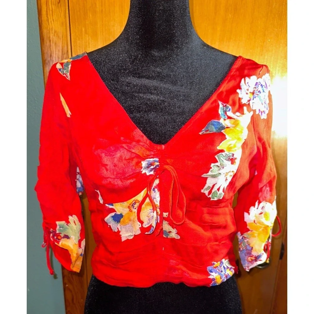 Free People Back On Top Red‎ Floral Smocked Tie Front Summer Crop Top Boho Small
